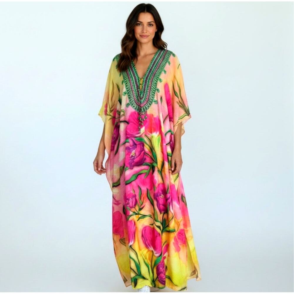 Parides Floral Embellished Caftan Maxi Dress PinkGreen Beaded Resort Cover Up OS